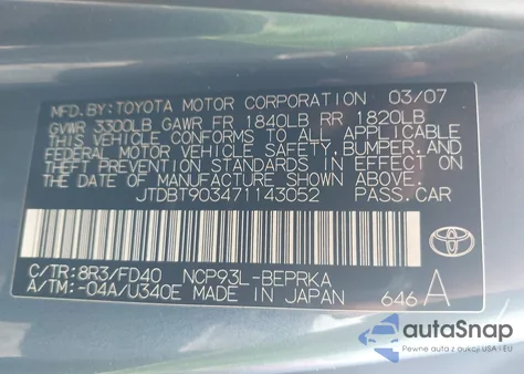 2007 Toyota Yaris из США, поврежденный, VIN JTDBT903471143052